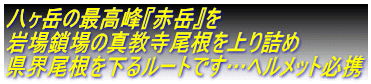 八ヶ岳の最高峰『赤岳』を 岩場鎖場の真教寺尾根を上り詰め 県界尾根を下るルートです…ヘルメット必携